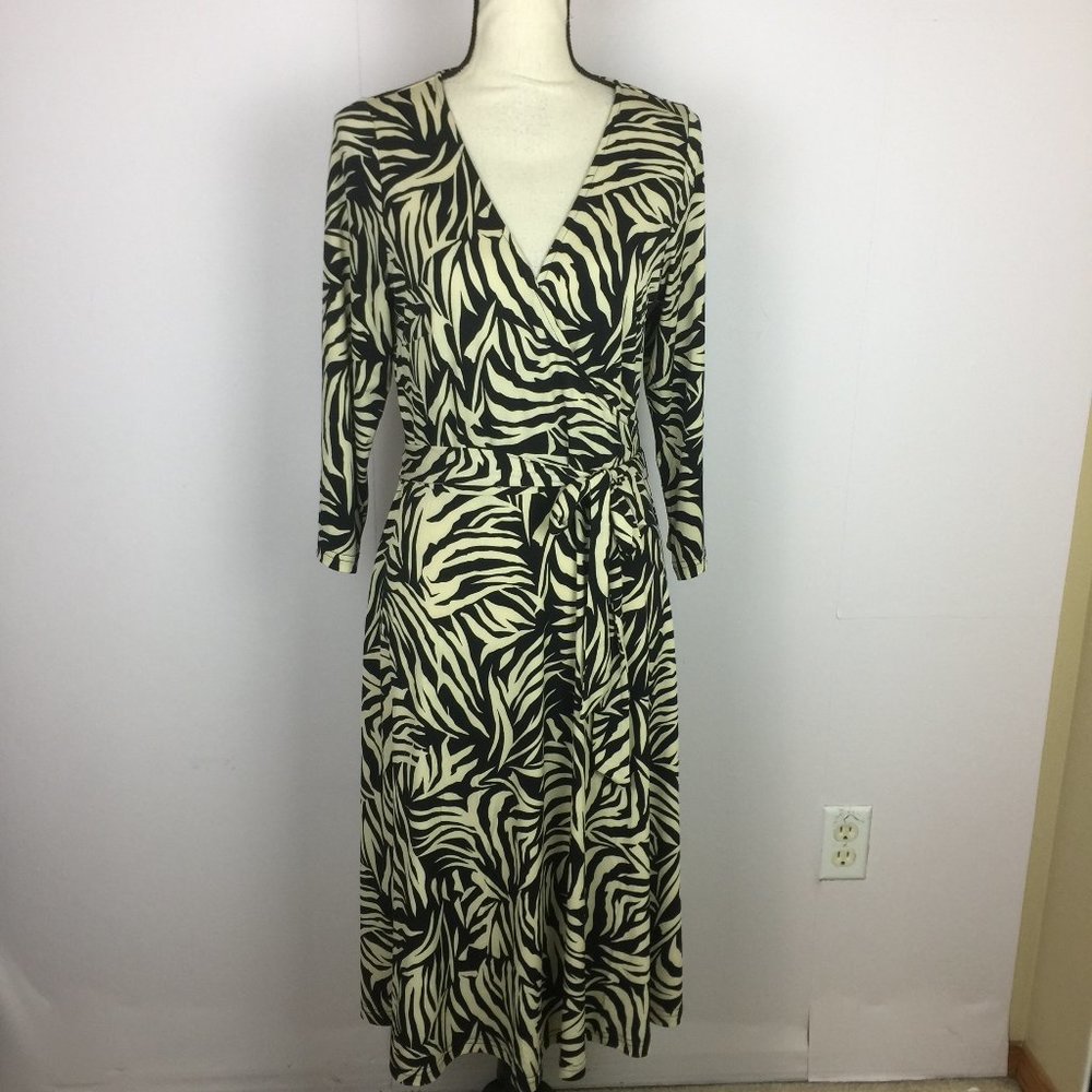 New! Leota Perfect Jersey Wrap Dress M Womans Black Zebra Safari 3/4 Sleeve